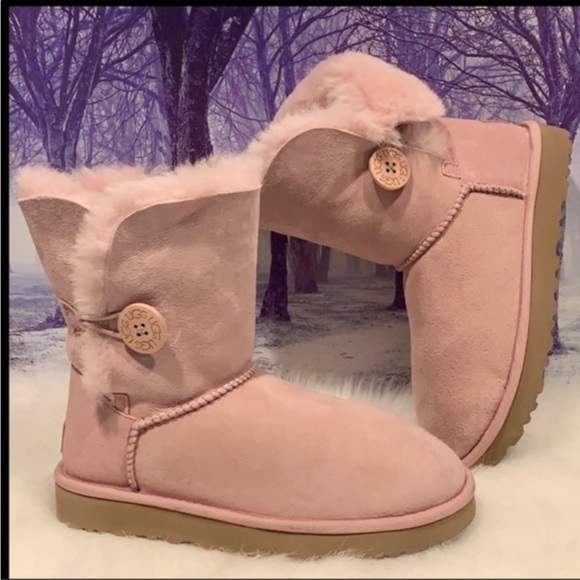 UGG Bailey Button II Short Shearling Lined Pink Suede Winter Boots New 6 37 - Picture 4 of 12